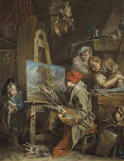 Classical painting of an artist with red cap working at an easel while others watch in a clutered studio