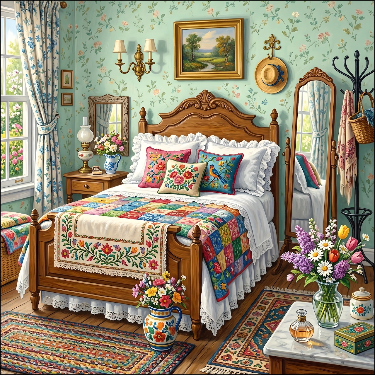Vintage bedroom with carved wooden bed, colorful floral bedding, turquoise patterned wallpaper, and cottage decor