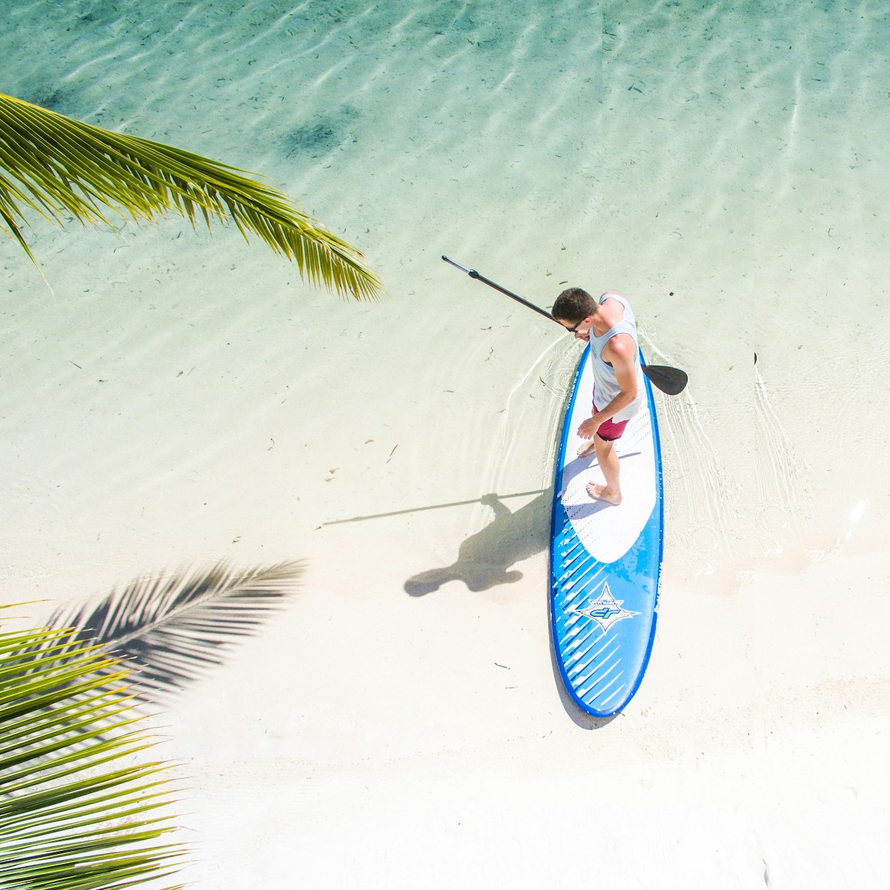 Aerial view of a person on a blue paddleboard in shallow clear water by a sandy tropical beach
