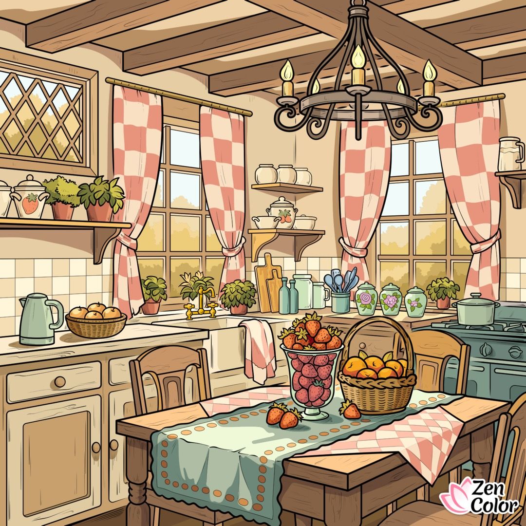 Illustrated cozy cottage kitchen with checkered curtains, wooden table with fruit baskets, and rustic decor