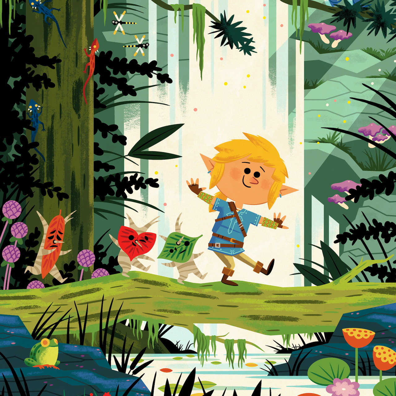 Cartoon child walking on a forest path with trees, plants, flowers, and small creatures