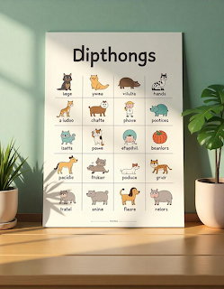 Framed educational poster showing cartoon animals labeled with Spanish diphthongs, displayed on wooden surface with plants