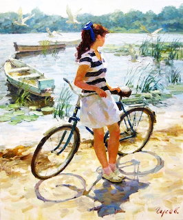 Woman in striped dress with bicycle on lakeside shore, impressionist watercolor style
