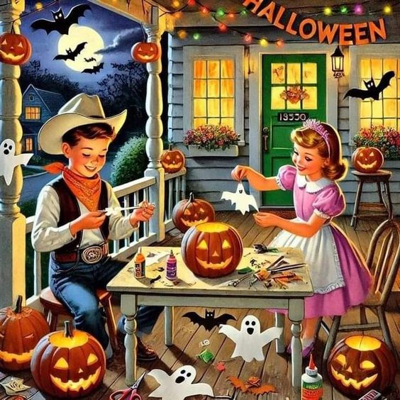 Two children in Halloween costumes carving pumpkins on a festive porch with bats and decorations