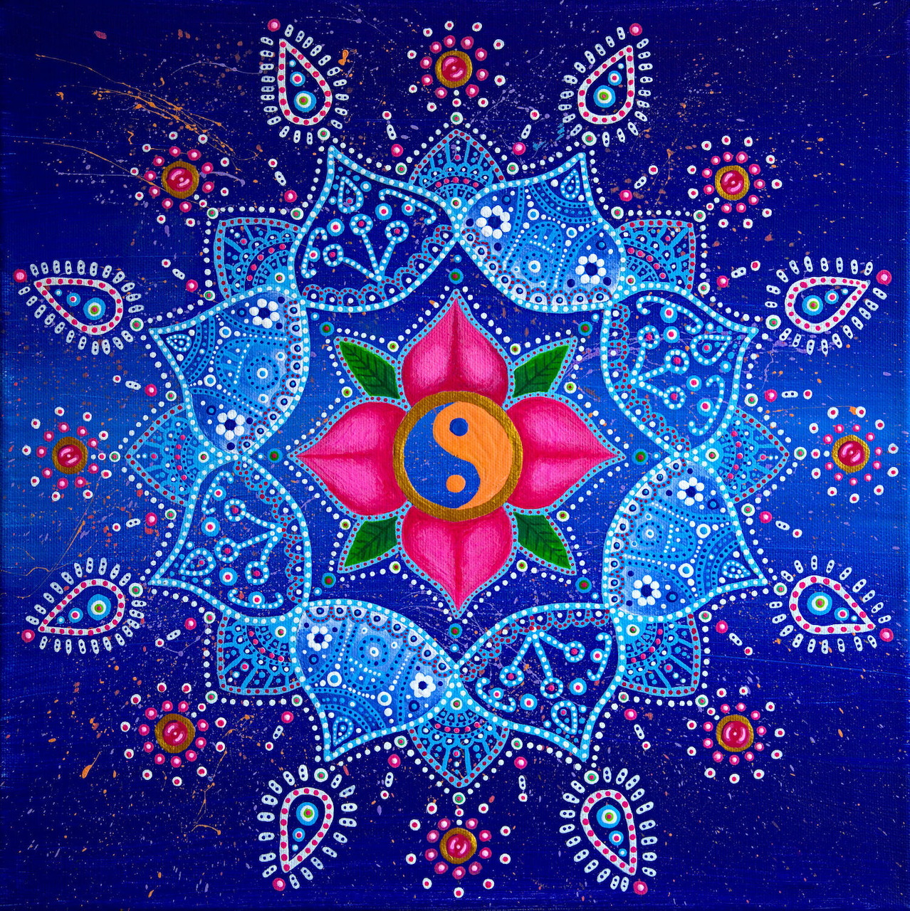 Blue mandala with pink lotus flower containing yin yang symbol at center, decorative geometric patterns radiating outward