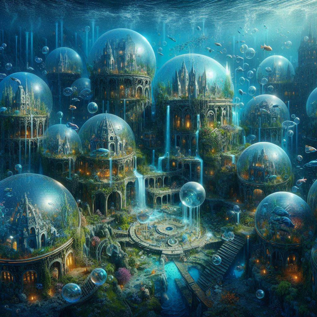 Fantasy city with glowing buildings inside transparent bubbles submerged underwater surrounded by smaller bubbles