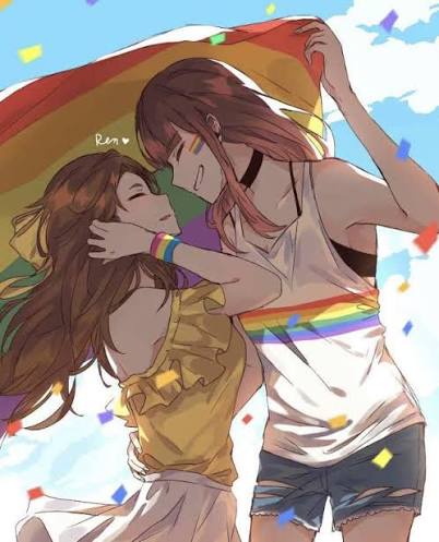Two women embracing under a rainbow pride flag in anime art style