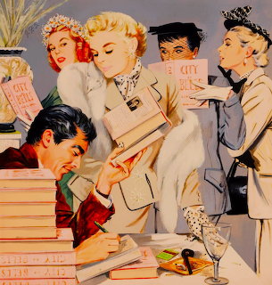 Vintage illustration of author at book signing with admirers gathered around table