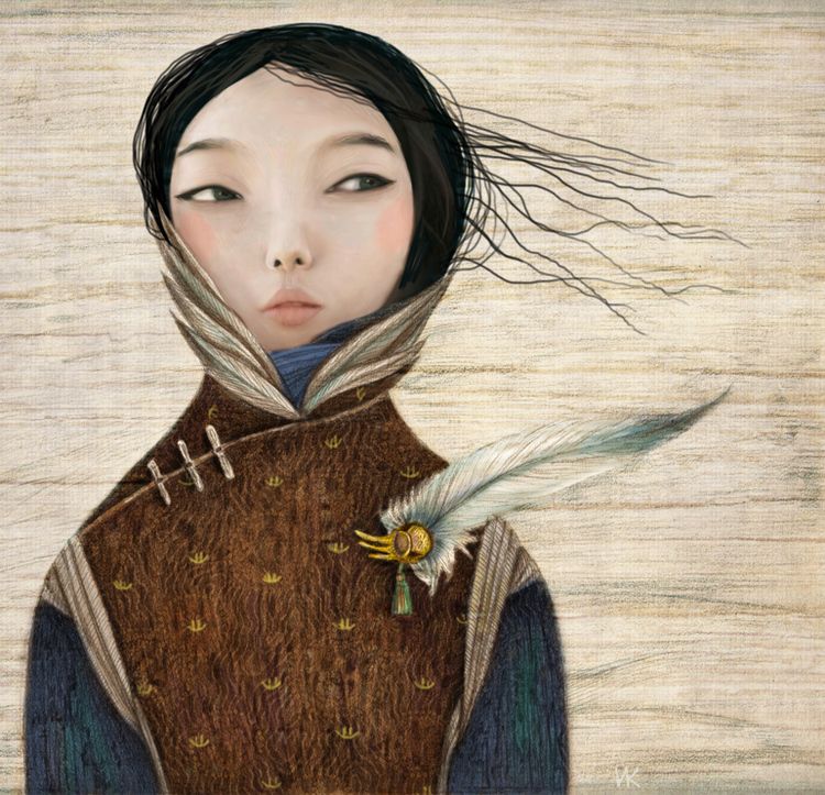 Stylized painting of a girl with windswept hair wearing a brown coat and feather flower brooch