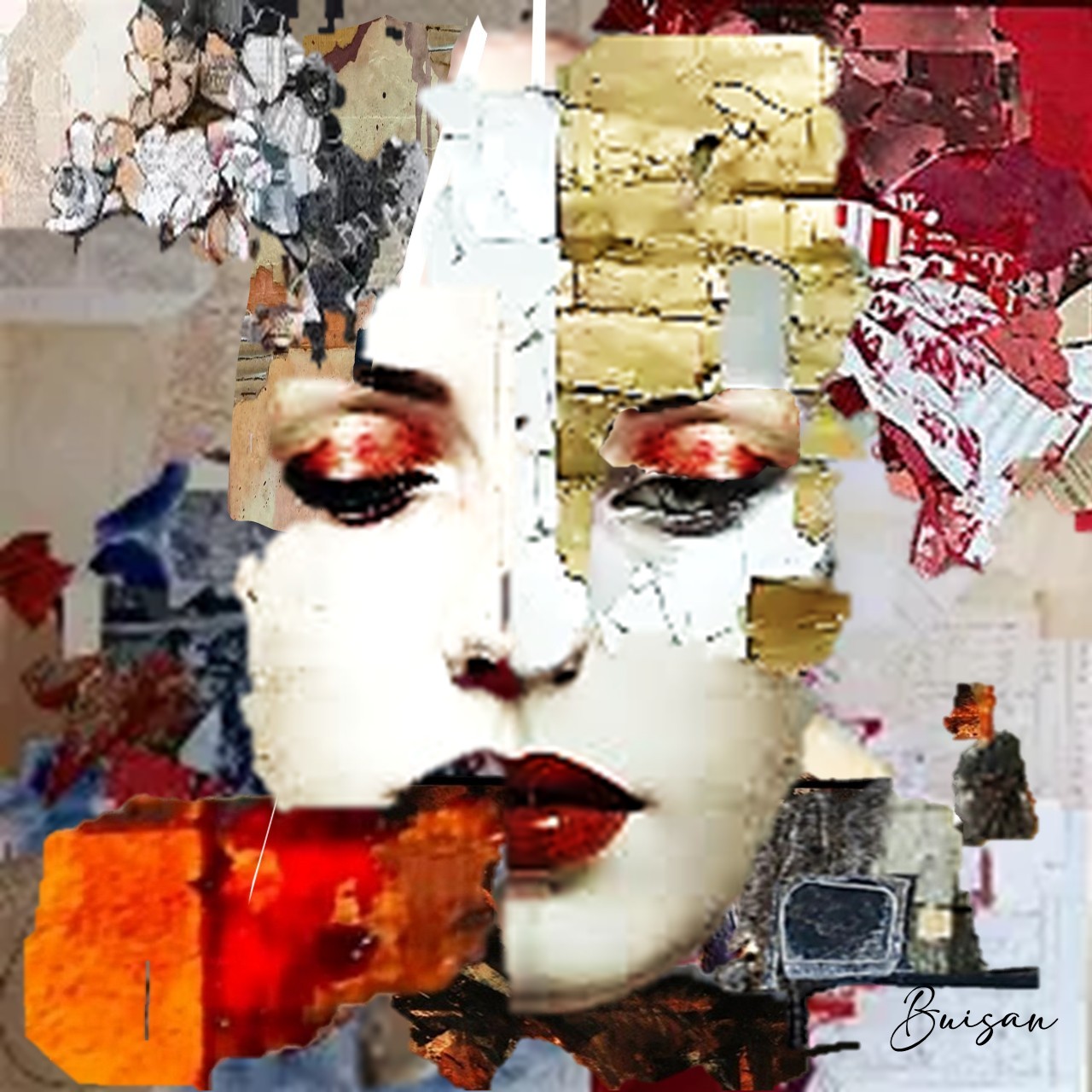 Abstract collage portrait of a woman's face made from torn paper in red, gold, white, and gray