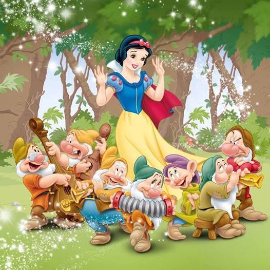 Snow White in a forest with the seven dwarfs gathered around her in a colorful cartoon scene