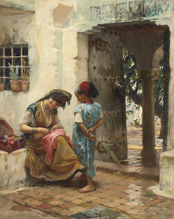Oil painting of mother and child in sunny courtyard with aged stucco walls and archway