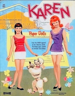 Vintage Karen paper dolls with two outfits, poodle, house background and flowers
