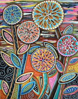 Colorful folk art painting of abstract round flowers with detailed patterned petals on a striped background