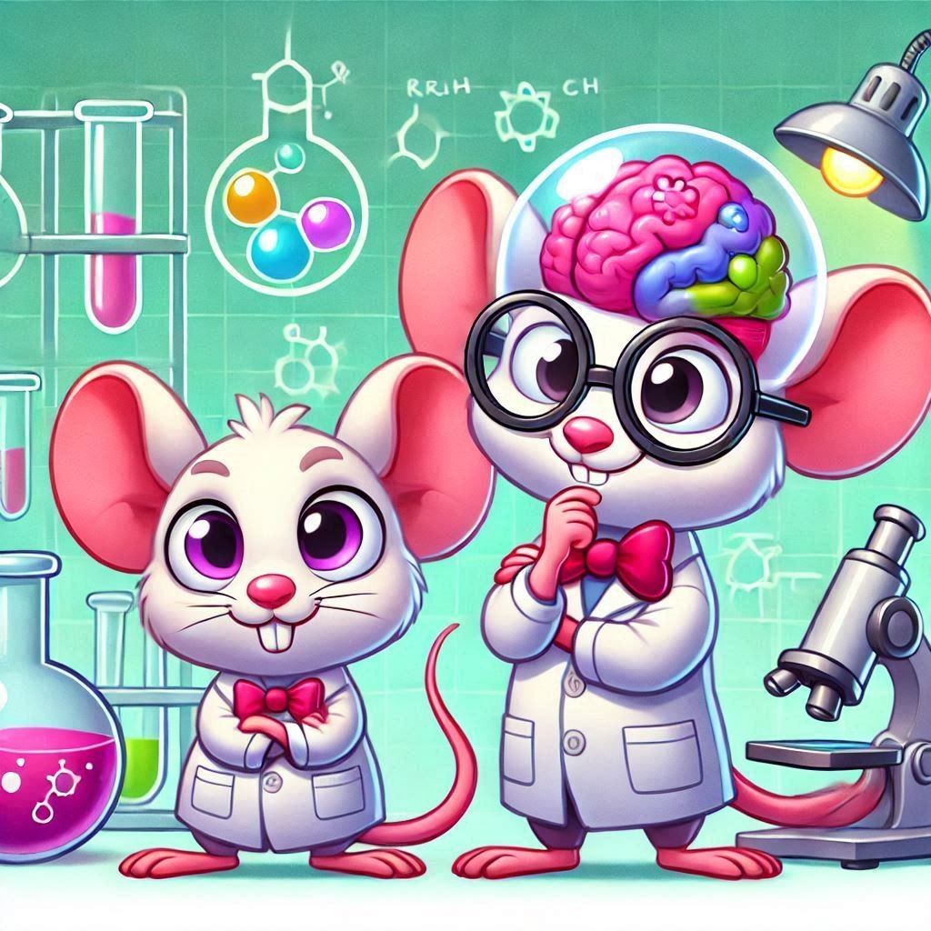 Two cartoon mice wearing lab coats and glasses doing science experiments with beakers and test tubes