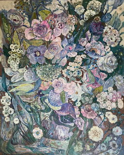Dense floral painting with purple, blue and cream flowers in intricate decorative patterns