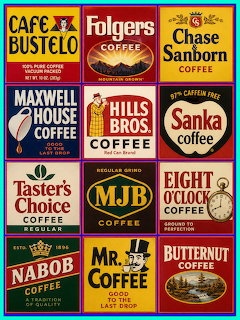 Collage of vintage coffee labels from assorted classic coffee brands