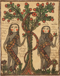 Folk art painting of Adam and Eve beside a tree with a serpent in the Garden of Eden.