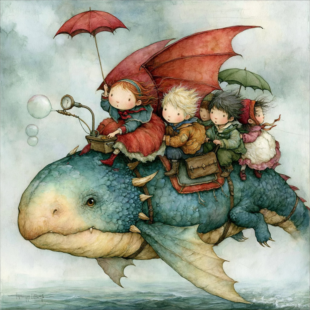 Illustration of three children riding a blue whale through the sky with umbrellas