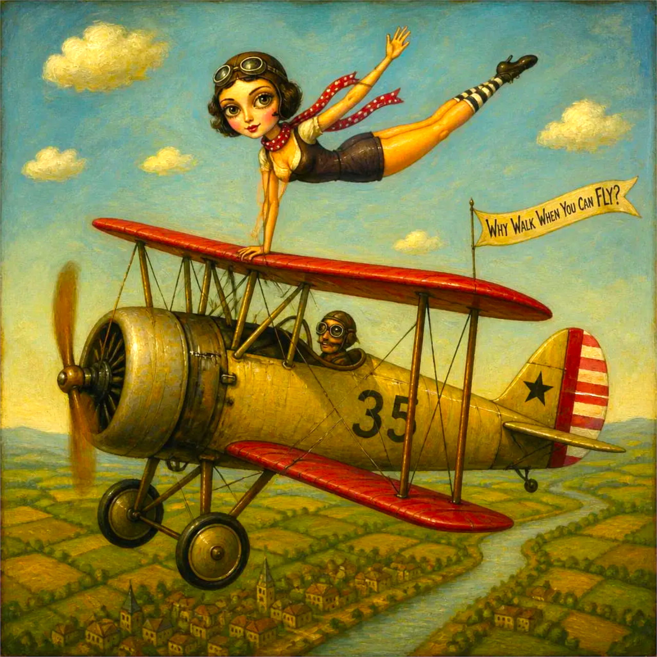 Illustration of a smiling wingwalker balancing on a red biplane with number 35, flying above golden fields under a blue sky