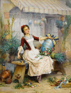 Victorian florist woman painting ornate Easter egg outside flower shop surrounded by plants and flowers
