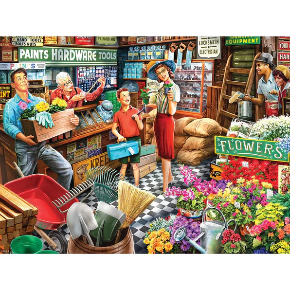 Colorful illustration of a flower and hardware shop with people, tools, and bright flowers