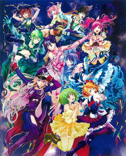 Group of colorful anime girls in elaborate stage costumes posing against a dark stary background