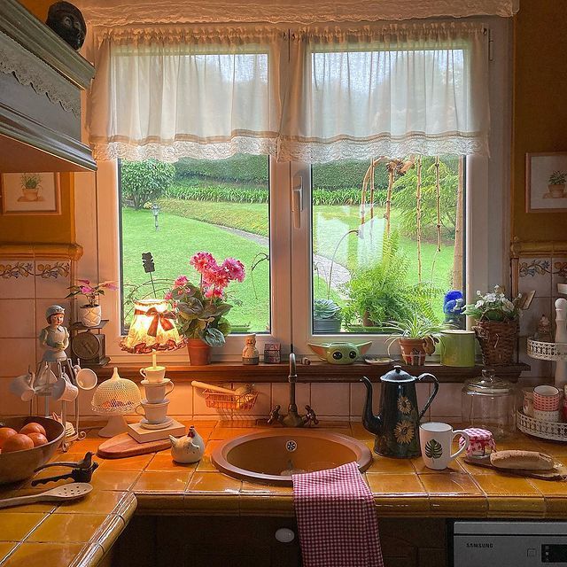 Kitchen bay window with potted plants and dishes on wooden counter, garden view outside