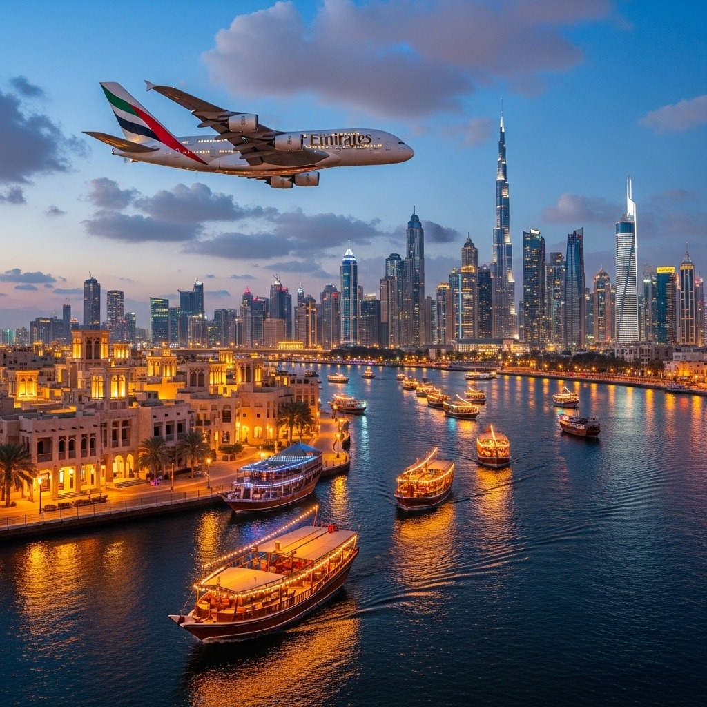 Emirates airplane over Dubai Creek at dusk with boats and the Dubai skyline