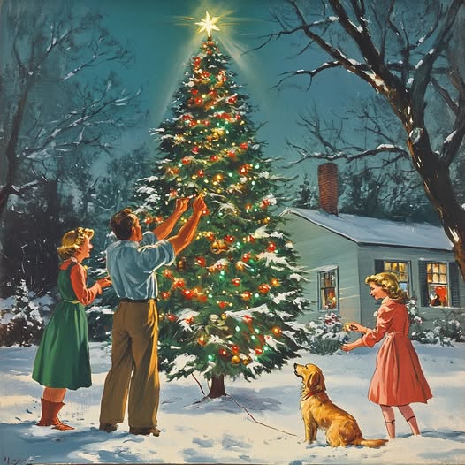 Family decorating outdoor Christmas tree in snowy yard with cottage and dog