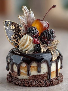 Chocolate drip cake decorated with blackberies, cherry, cream rosette, and gold butterfly ornaments