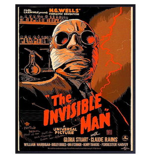 Vintage movie poster showing bandaged man with dark goggles against orange background, The Invisible Man title in red