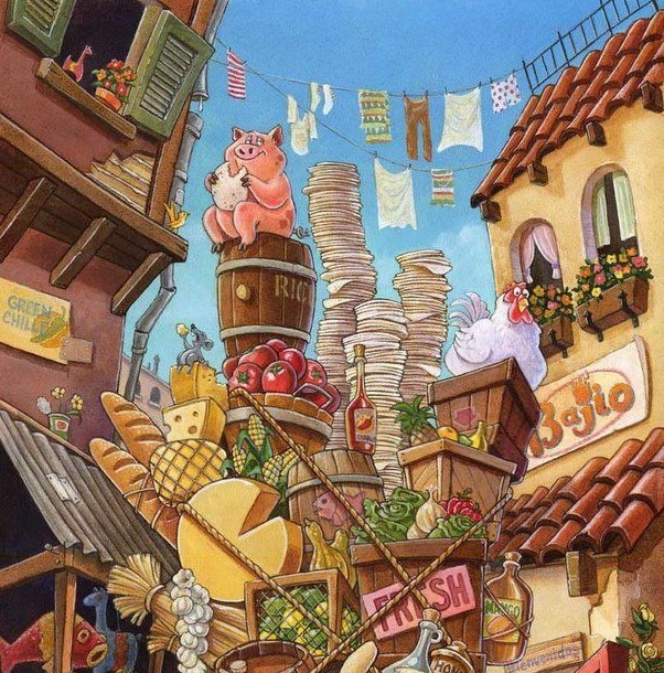 Cartoon pig making tortillas surrounded by stacked plates and colorful village buildings
