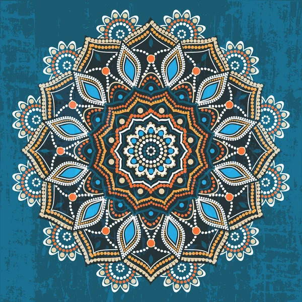 Ornate mandala with blue and gold geometric patterns radiating from center on teal background