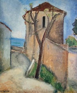 Modernist painting of a bare tree next to a beige house with tower under blue sky