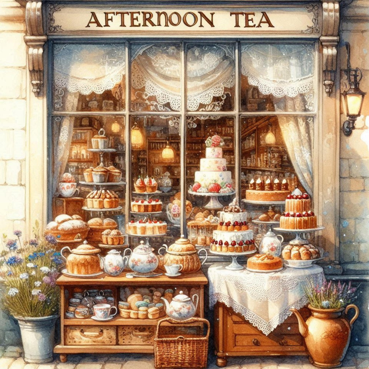 Painted bakery shop window filled with cakes, pastries, and afternoon tea treats on display tables