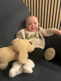 Smiling baby in cream sweater sitting on grey sofa with stuffed teddy bear and wooden milestone sign