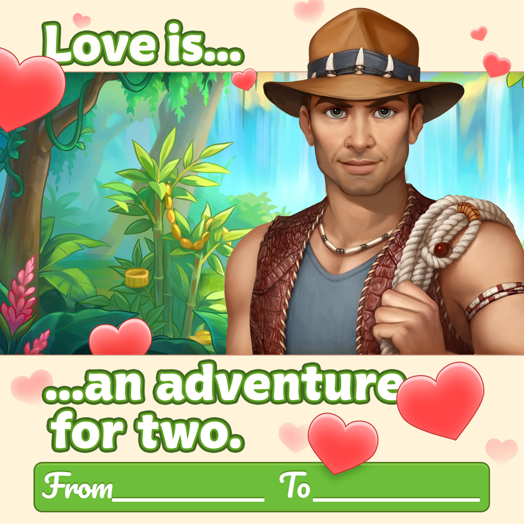 Cartoon male adventurer in a jungle with pink hearts and romantic text