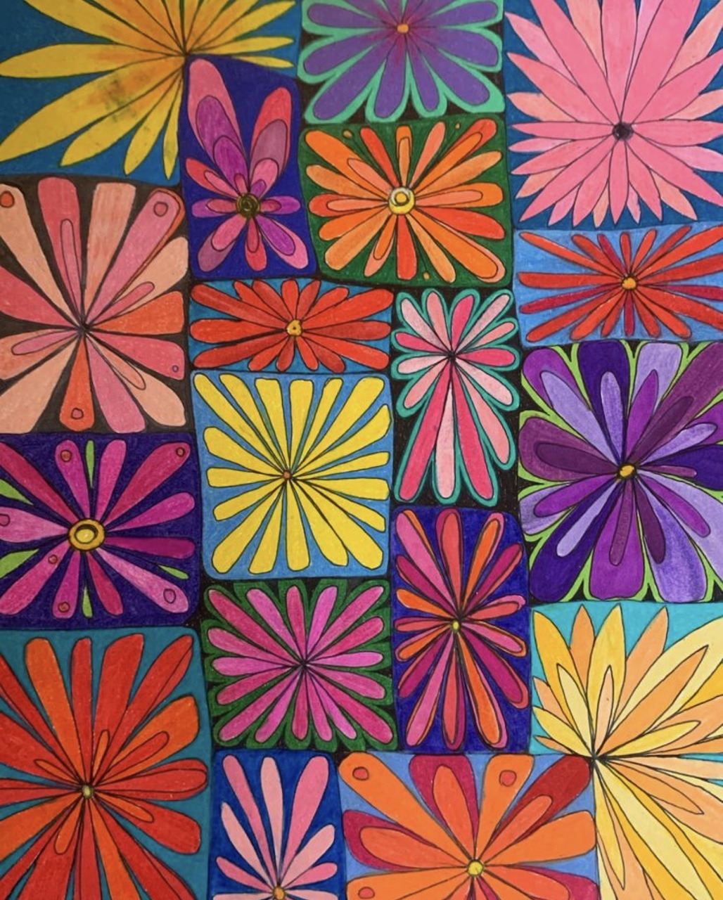 Colorful grid of geometric flower designs in various bold hues arranged in patchwork squares