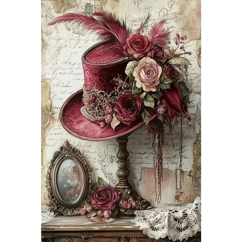 Vintage burgundy hat with pink and red roses beside an ornate oval frame and lace