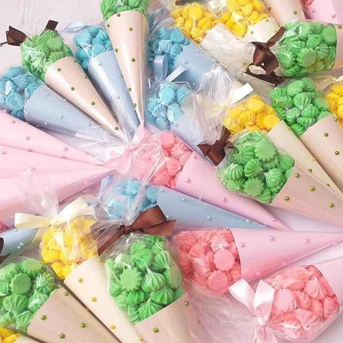 Colorful popcorn in pastel striped paper cones arranged in a circle