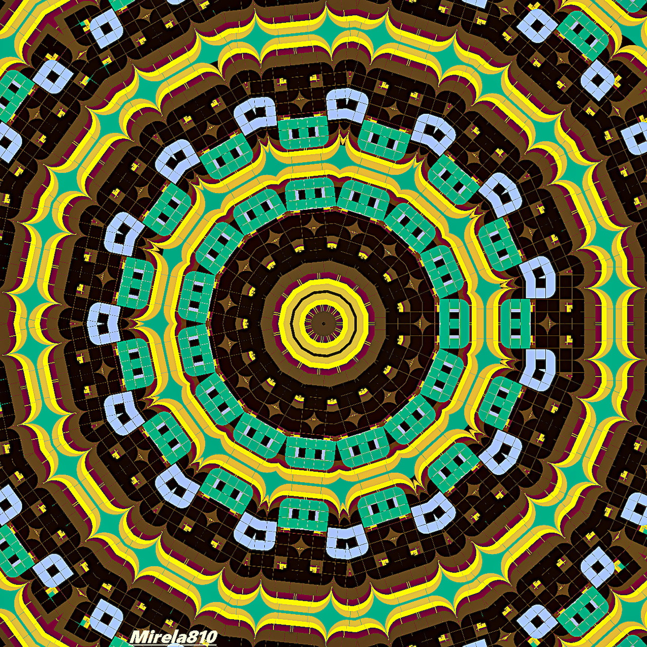 Symmetrical geometric mandala with colorful concentric rings on a dark background
