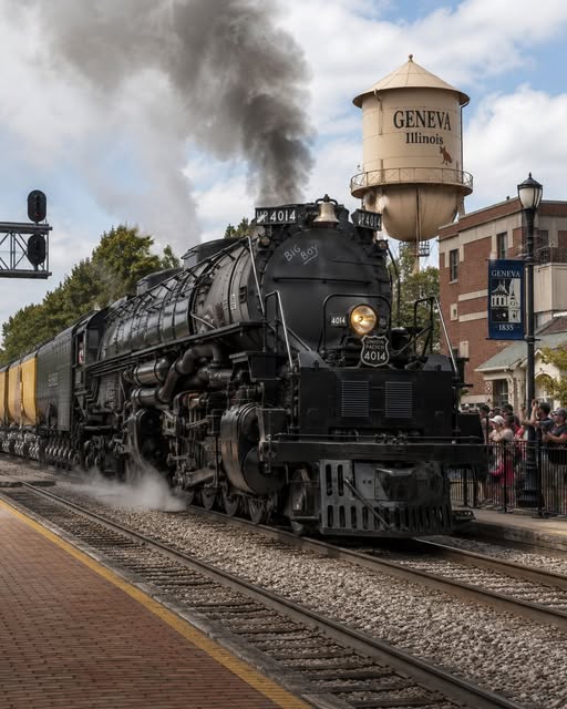 Large black Big Boy steam locomotive on railroad tracks
