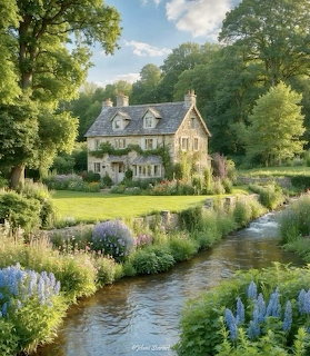Stone cottage with garden and stream in green countryside
