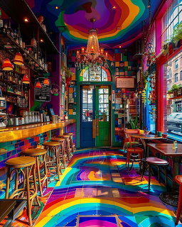 Brightly colored cafe interior with rainbow floor, purple walls, chandelier, bar stools, and green entrance door