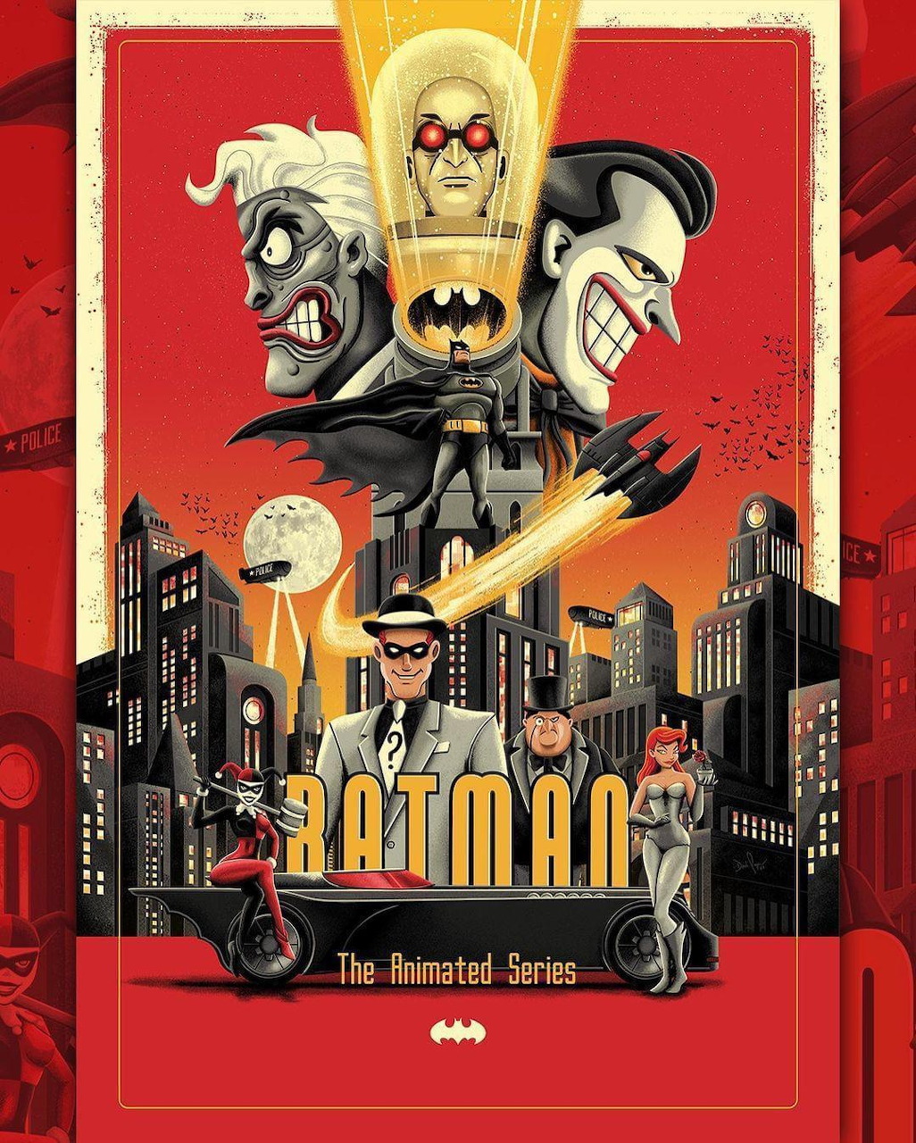 Retro-style poster of Batman The Animated Series with Batman and villains including Joker and Two-Face
