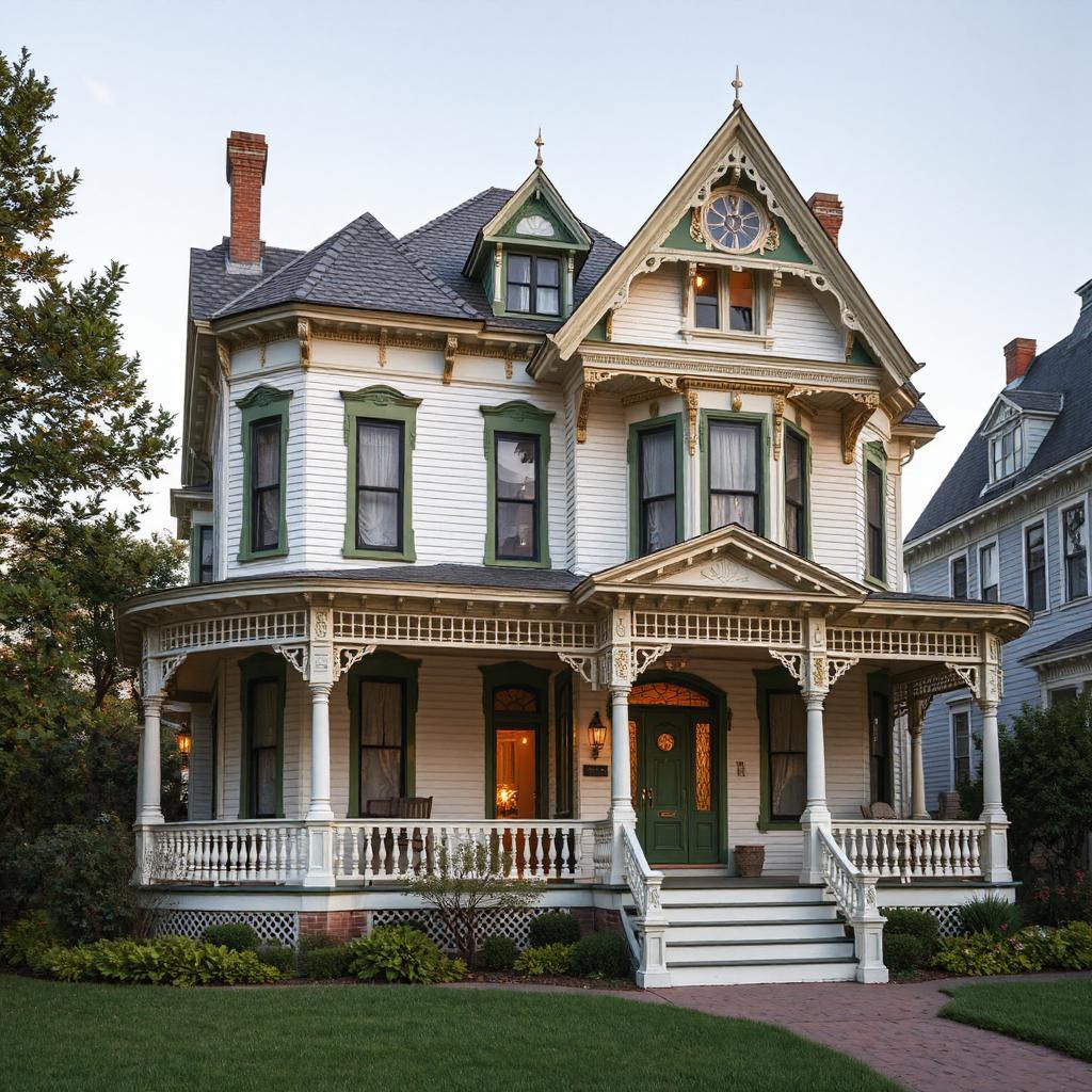 Large Victorian mansion with white trim, ornate details, wrap-around porch, and multiple gables in evening light