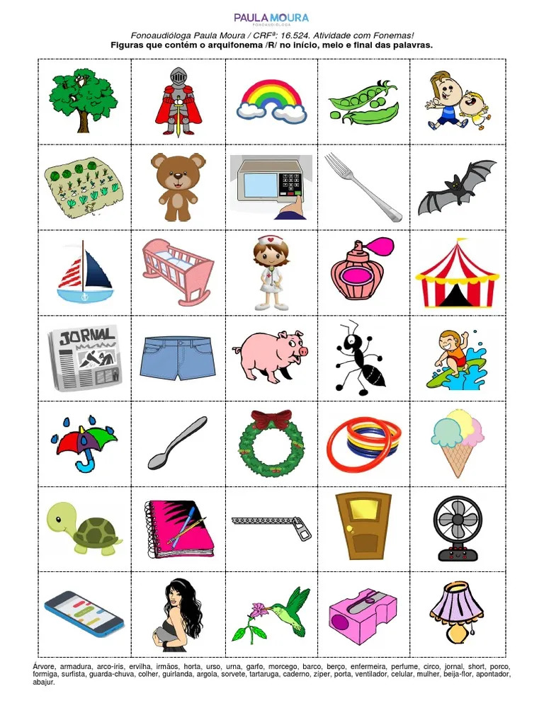 Children's educational worksheet showing a grid of small colorful illustrations of objects containing the letter R