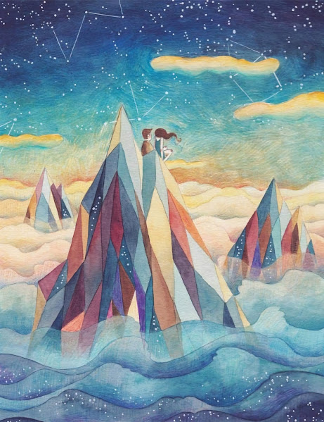 Person standing on angular multicolored mountain peaks gazing at a star-filled gradient sky with constellation patterns