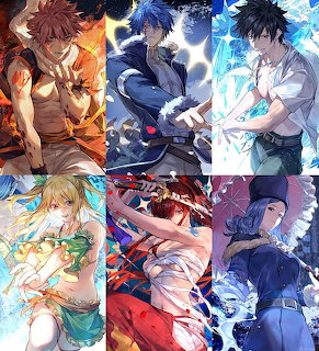 Collage of six anime characters with elemental powers in dynamic action poses